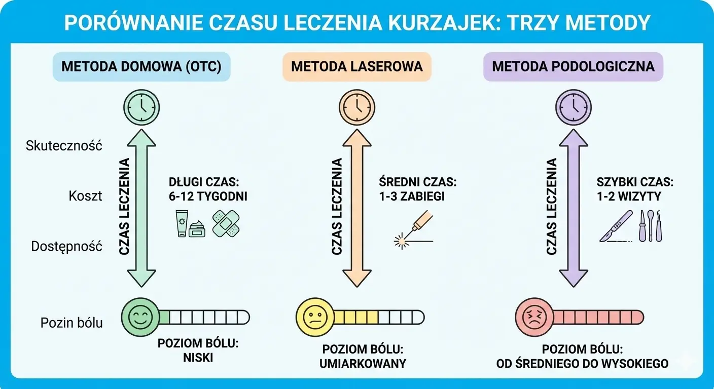 Infografika porównująca czas leczenia kurzajek trzema metodami: domową, laserową i podologiczną, z zaznaczonym poziomem bólu dla każdej metody