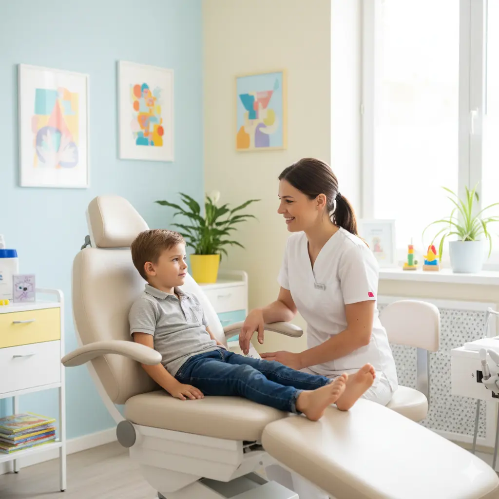 Przyjazny gabinet podologiczny, uśmiechnięta podolog rozmawiająca z dzieckiem siedzącym na fotelu
