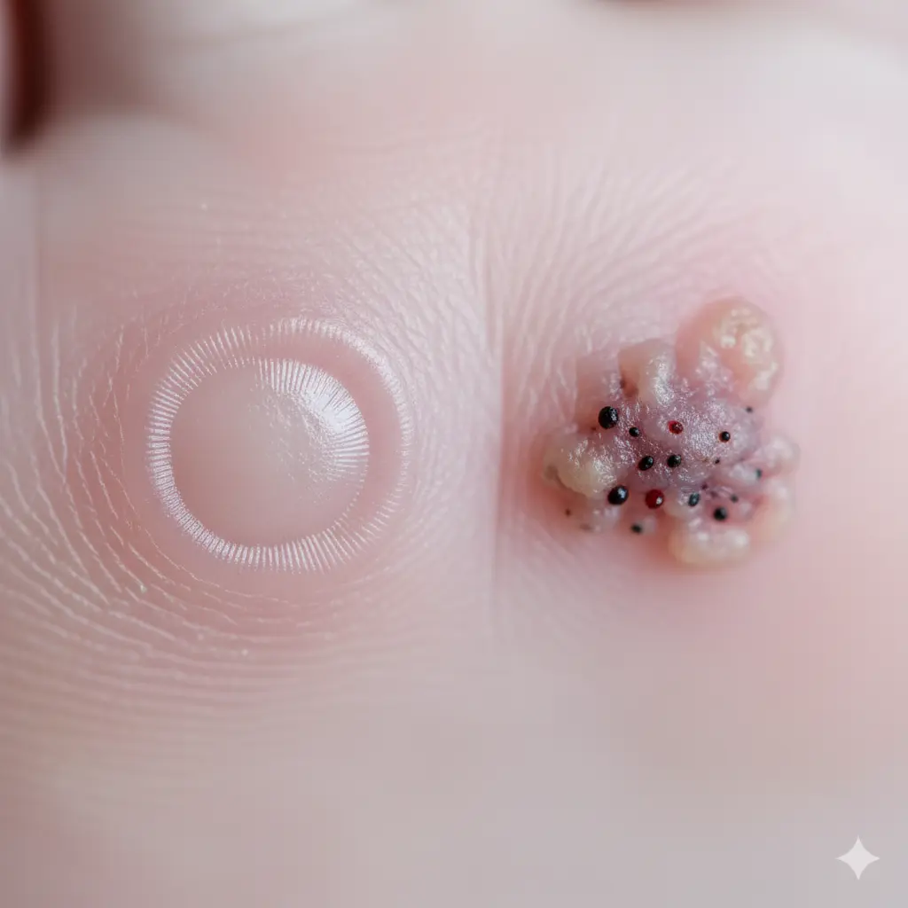 Zbliżenie makro na stopę dziecka, pokazujące różnicę między gładkim odciskiem a chropowatą kurzajką z widocznymi czarnymi kropkami