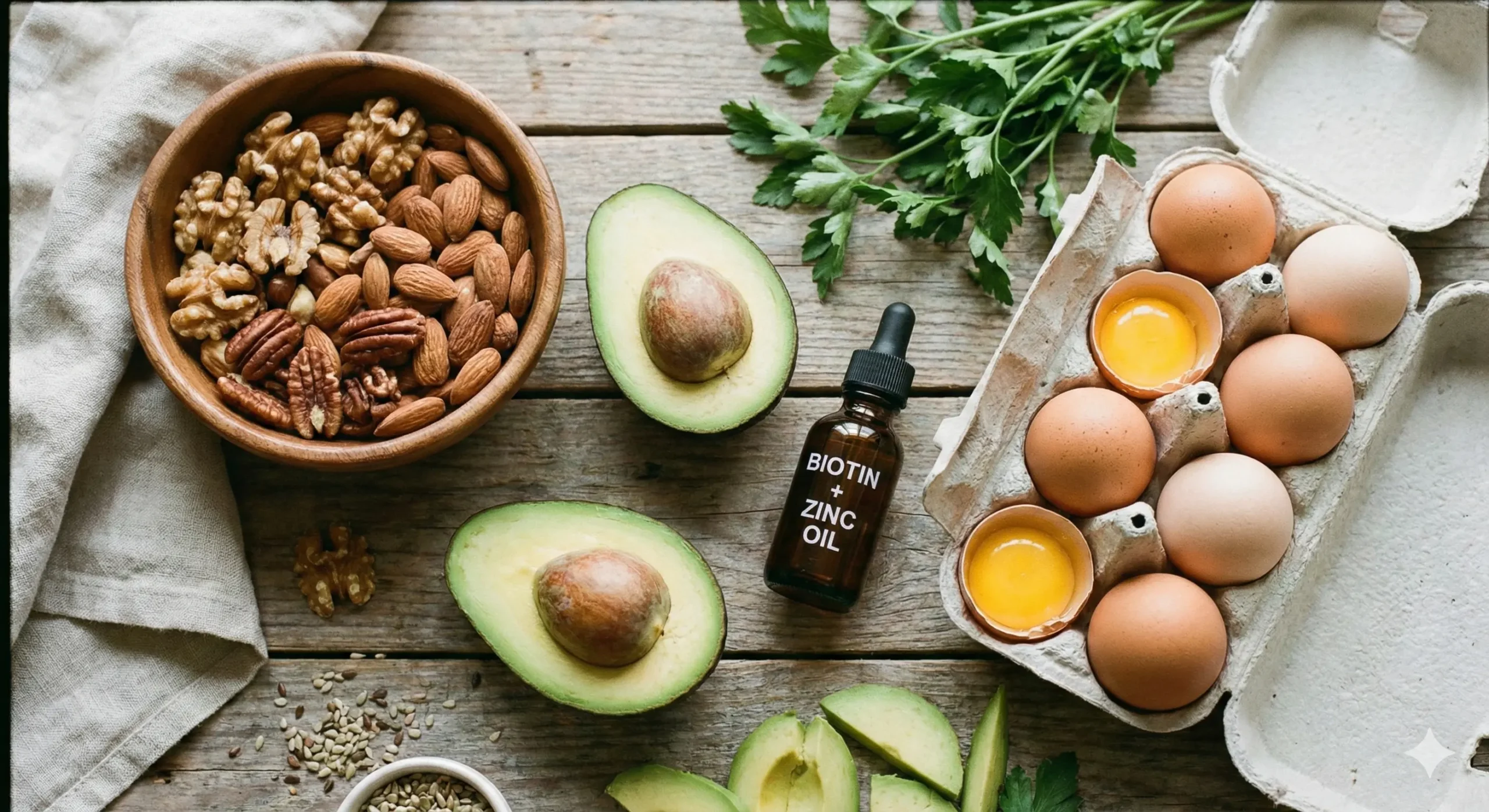 Kompozycja zdrowych produktów bogatych w biotynę i cynk: orzechy, awokado, jajka, obok buteleczka z olejkiem z pipetą, naturalne światło