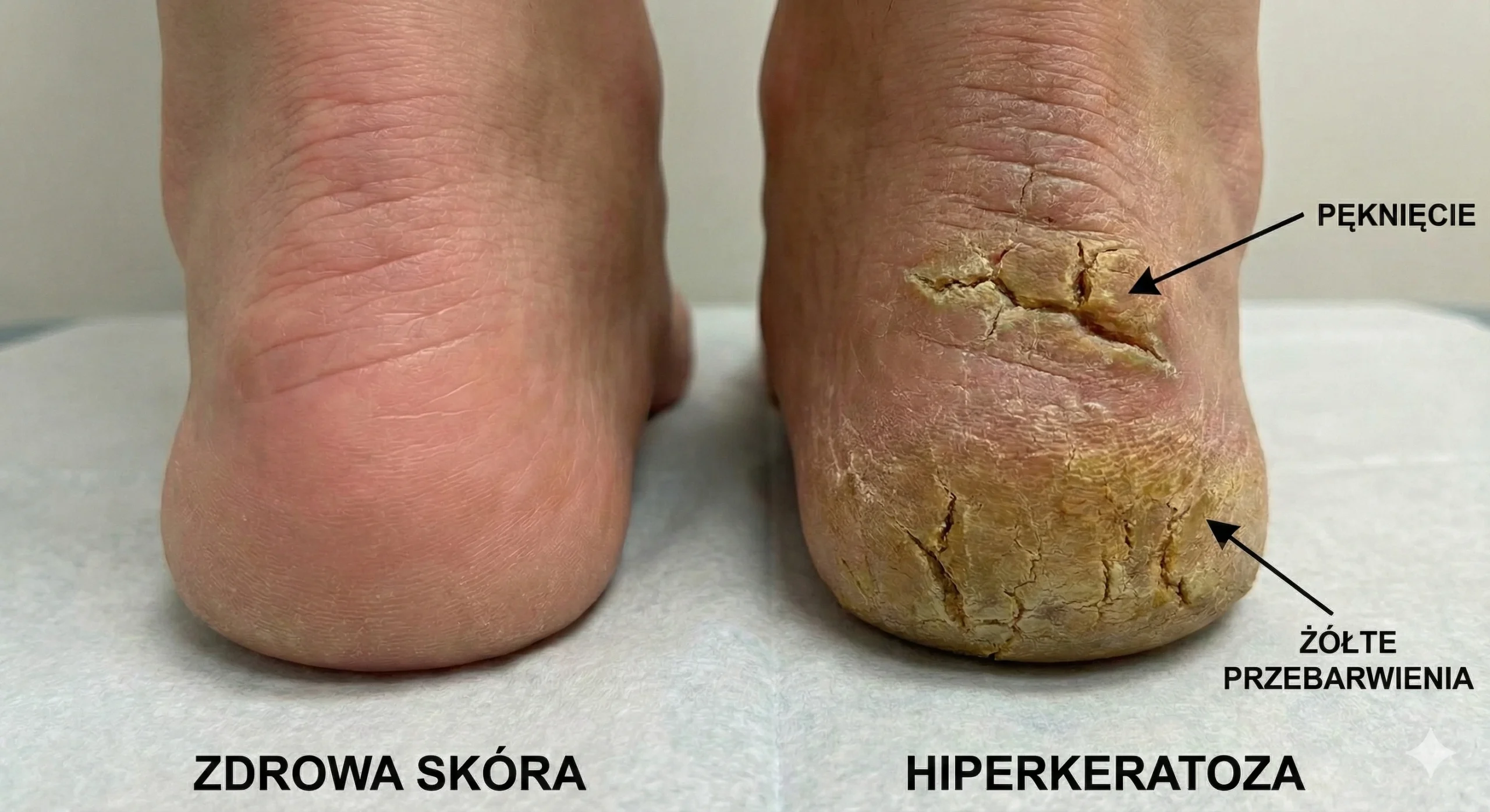Medyczna fotografia makro porównująca zdrową skórę stopy ze skórą z hiperkeratozą na pięcie