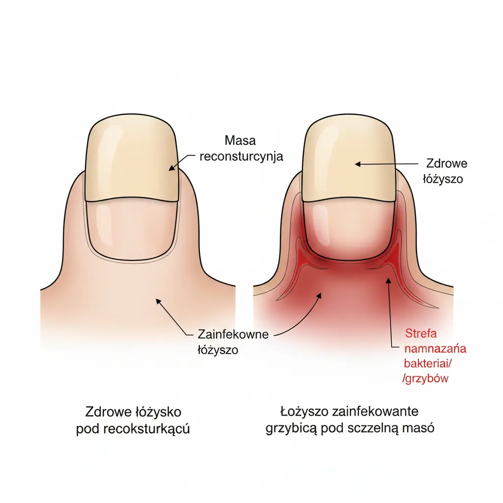 Schemat przekroju palca stopy pokazujący różnicę między zdrowym łożyskiem pod rekonstrukcją a łożyskiem zainfekowanym grzybicą pod szczelną masą, z zaznaczonymi strefami namnażania bakterii na czerwono.