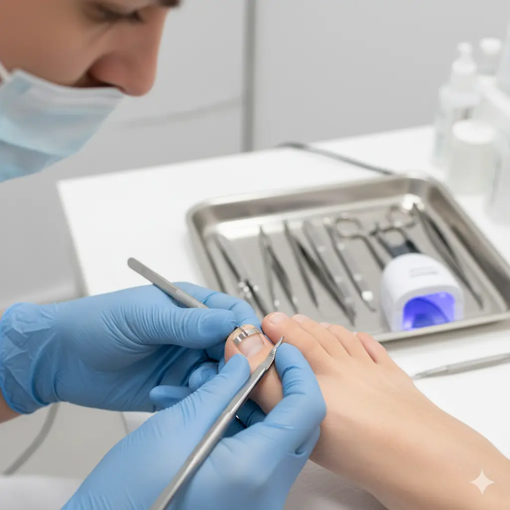 Profesjonalna aplikacja klamry tytanowej na wrastający paznokieć w gabinecie podologicznym – precyzyjny zabieg ortonyksji