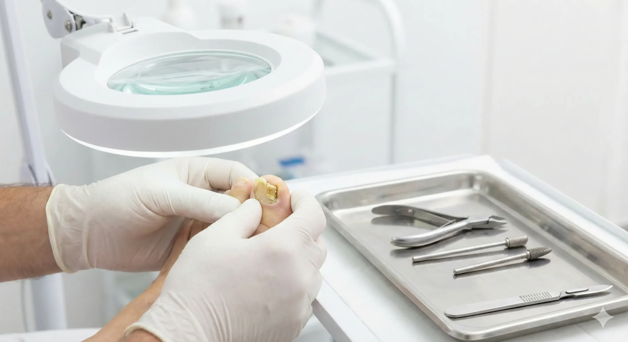 Zbliżenie na dłonie podologa badającego zniszczoną płytkę paznokcia w jasnym, sterylnym gabinecie, widoczne profesjonalne narzędzia i lupa podologiczna