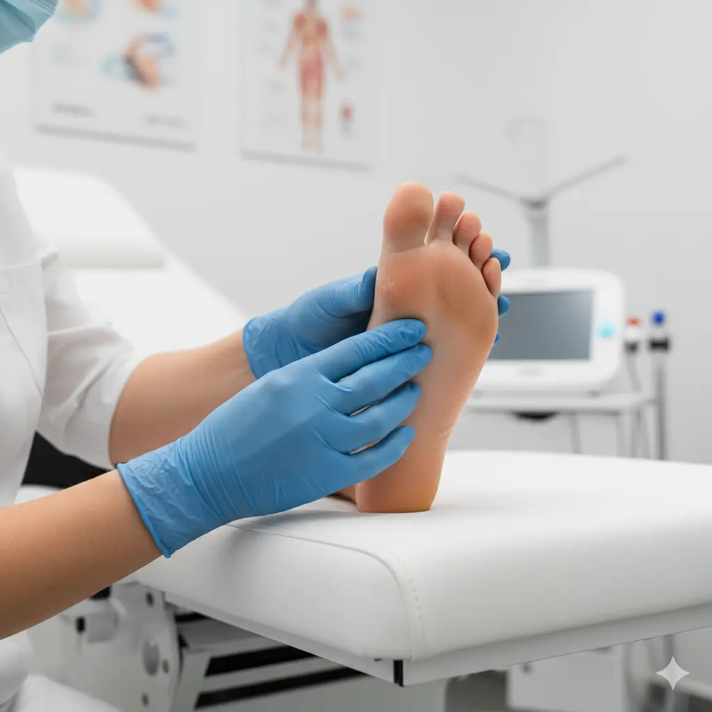 Podolog w niebieskich rękawiczkach wykonuje badanie stopy pacjenta w nowoczesnym gabinecie podologicznym