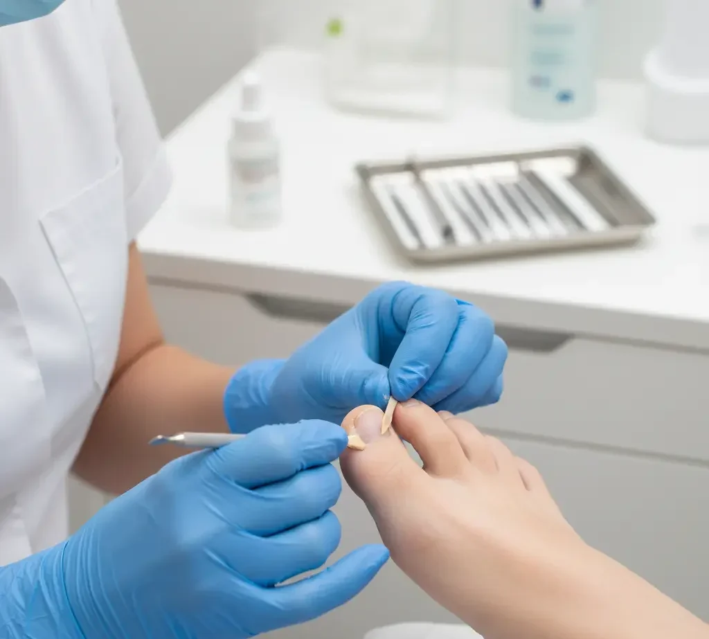 Zbliżenie na dłonie podologa w rękawiczkach medycznych, precyzyjnie nakładającego masę rekonstrukcyjną na duży palec u stopy pacjenta